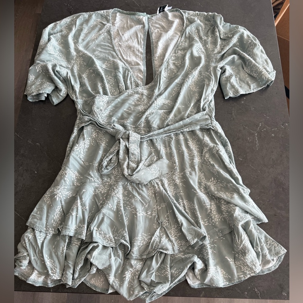 Princess Polly Sage Green Leafy Wrap Dress